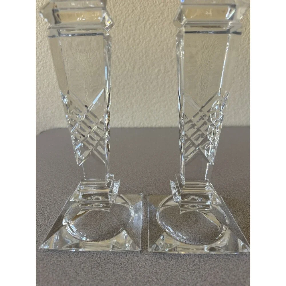 Pair Clear Cut Crystal Glass Candlestick Holders 10” Tall Geometric Square Base